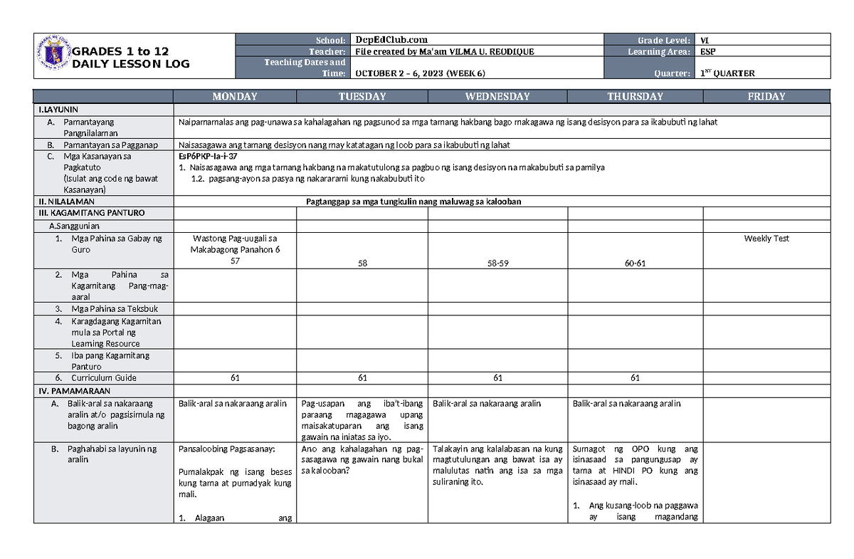 DLL ESP 6 Q1 W6 - GRADES 1 to 12 DAILY LESSON LOG School: DepEdClub ...