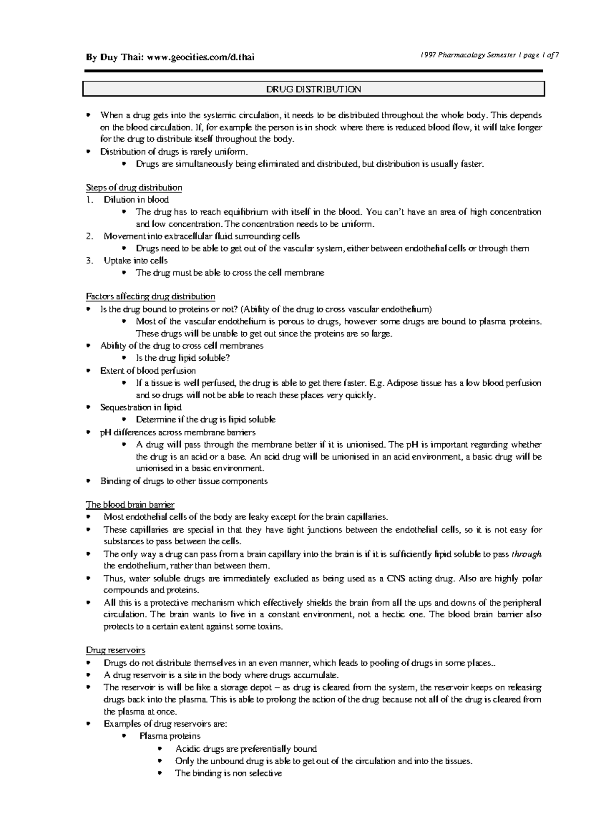 Drug Distribution 1 Summary Pharmacology 1 DRUG DISTRIBUTION When a