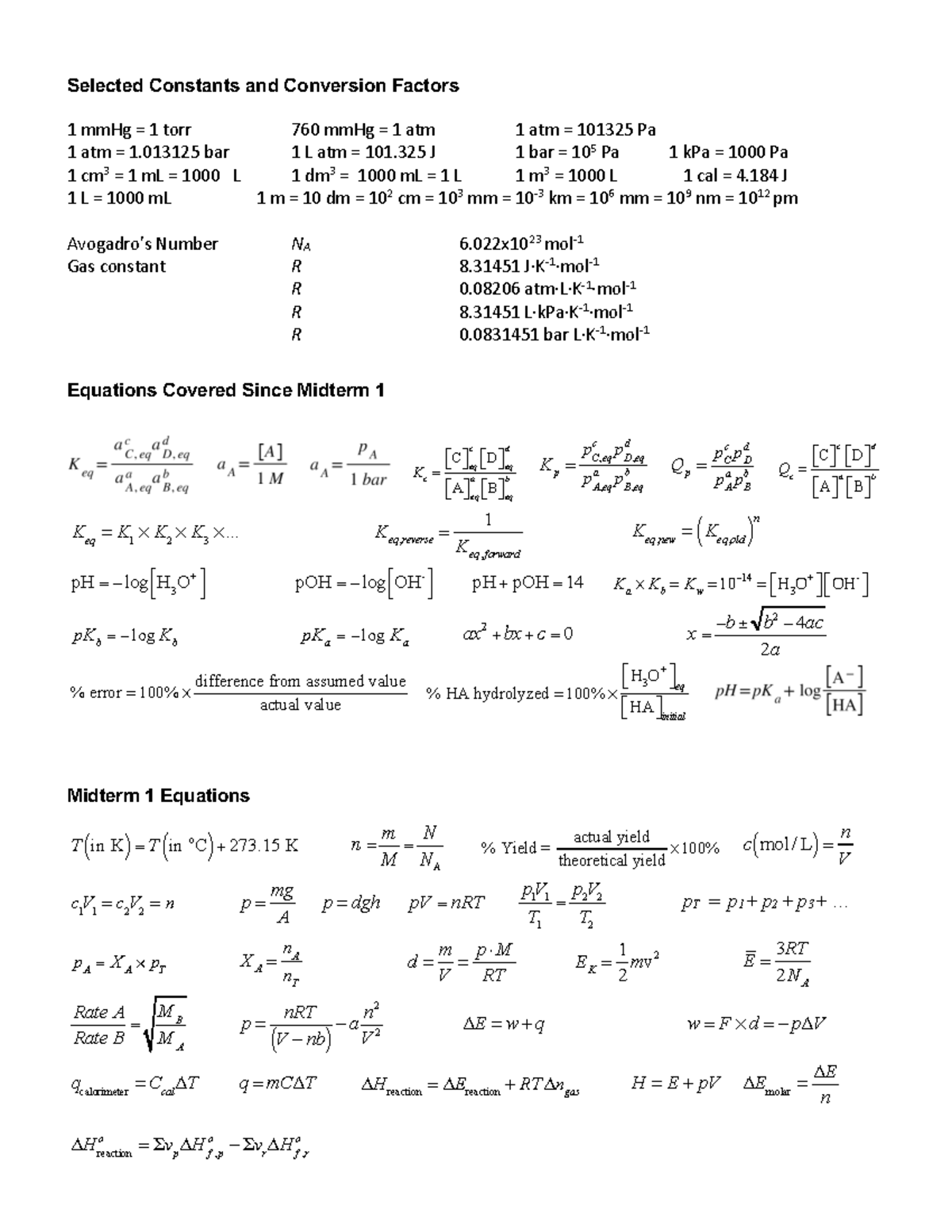 Midterm 2 Equation Sheet - Selected Constants and Conversion Factors 1 ...