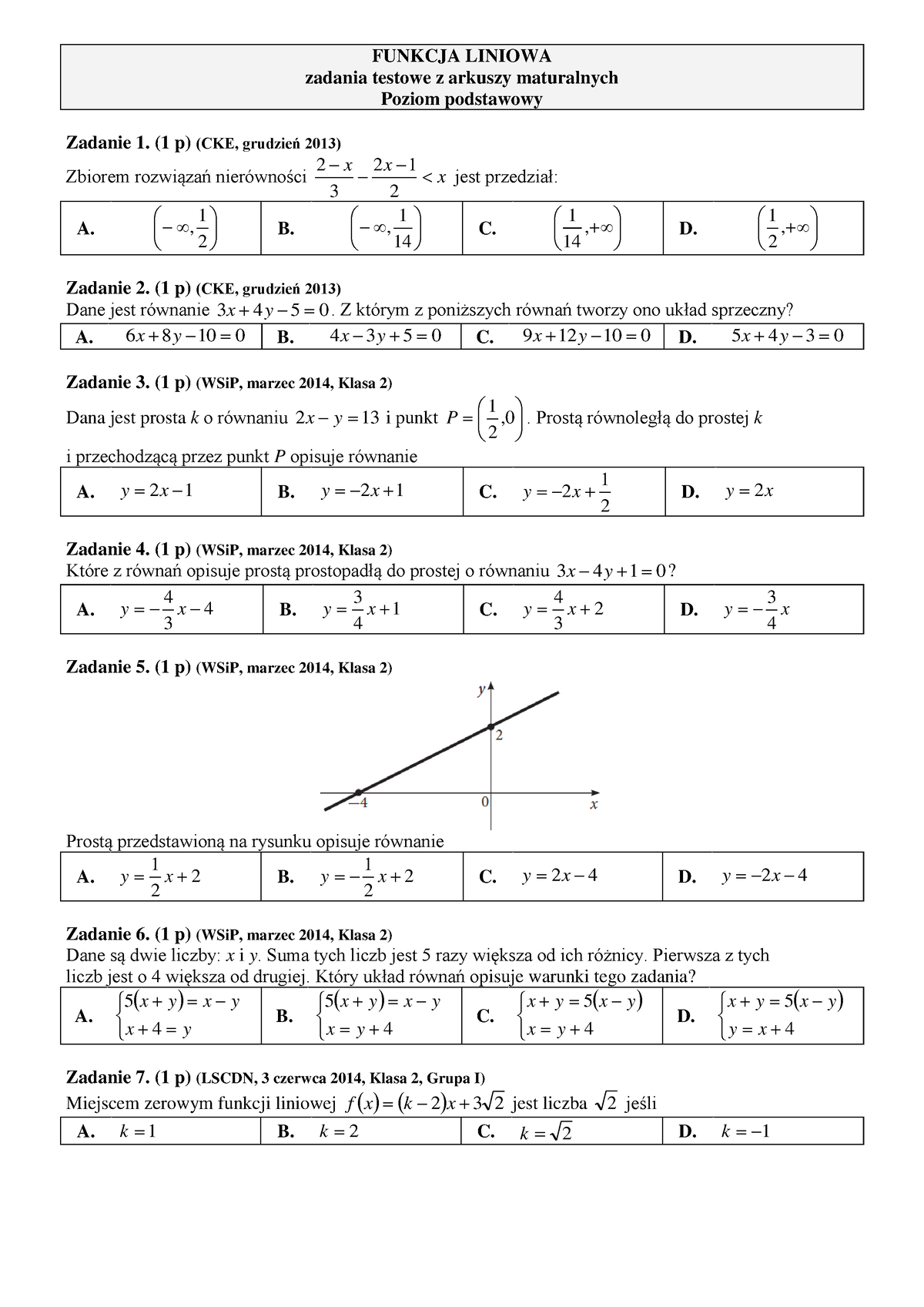 Funkcje Liniowe Zadania Testowe PP 1 - FUNKCJA LINIOWA Zadania Testowe ...