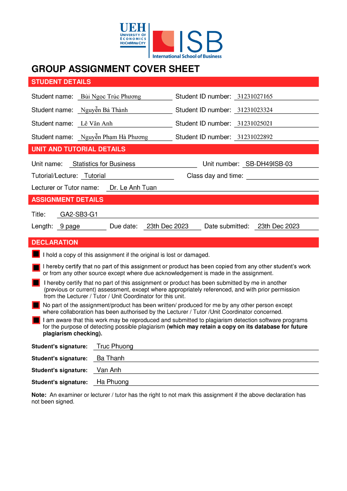 group assignment cover sheet