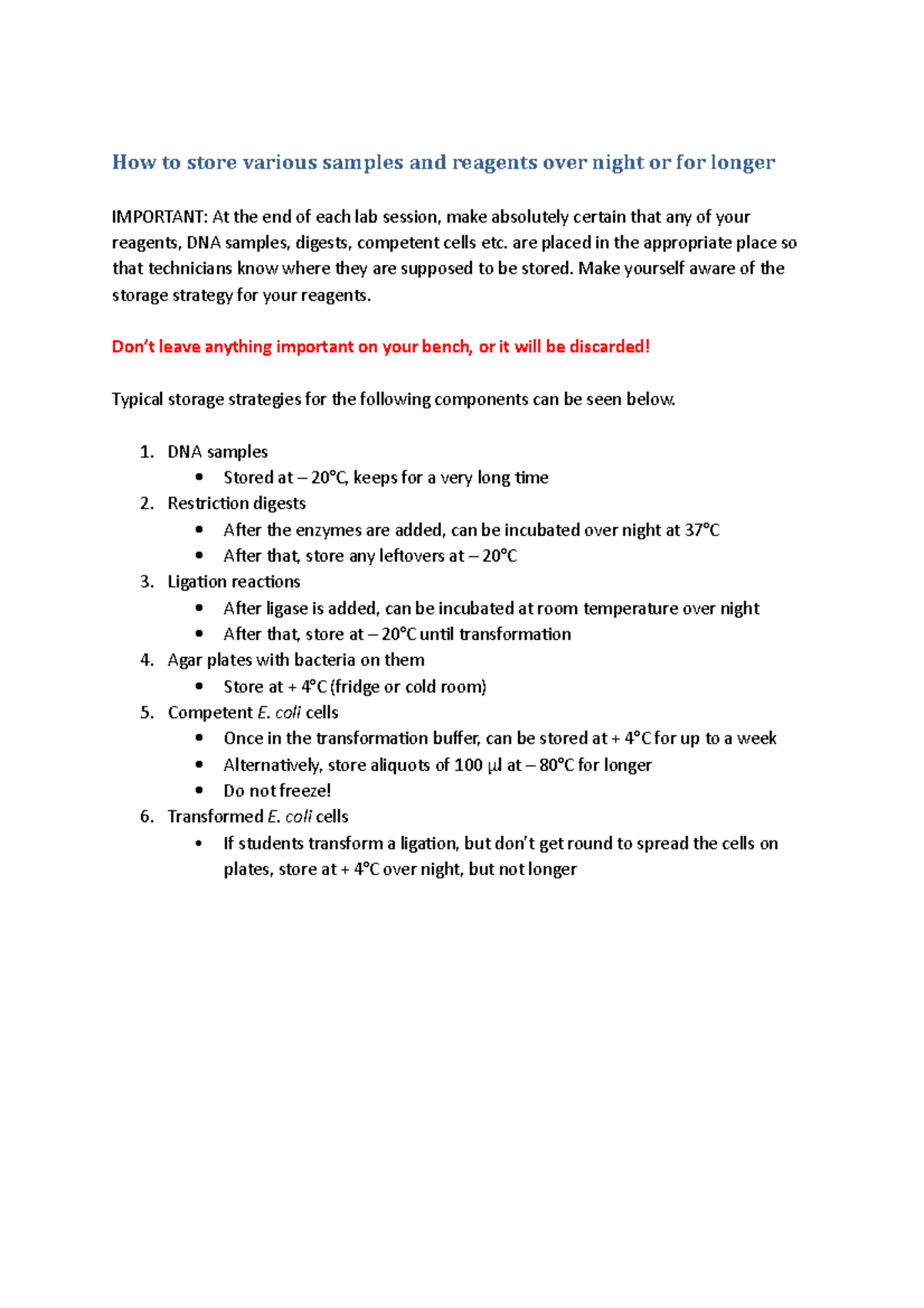 Storing reagents v2 How to store various samples and reagents over