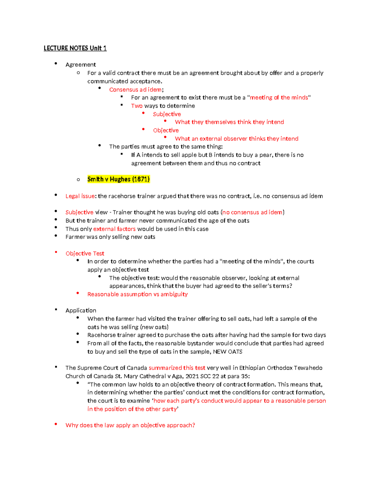 Unit 1 Offer and Acceptance of Contract - LECTURE NOTES Unit 1 ...