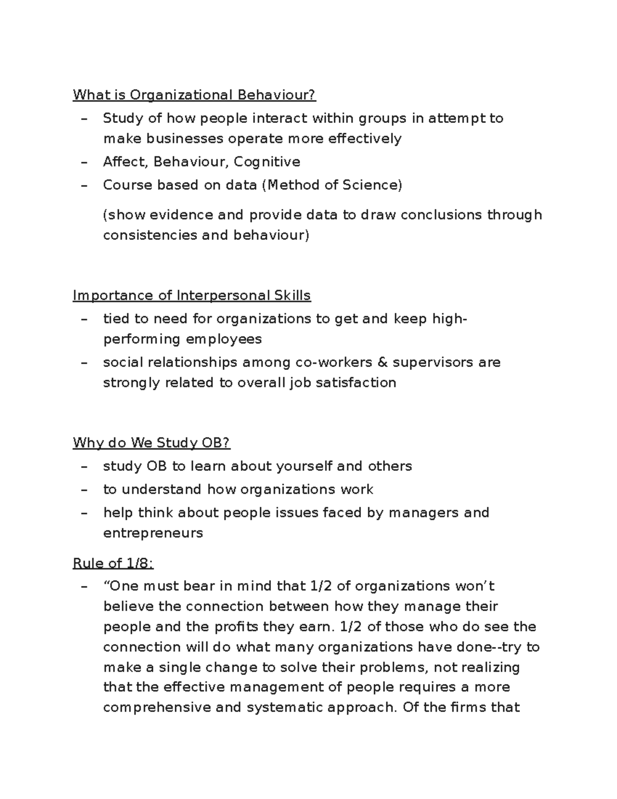 ADMS 2400 Organizational Behaviour - Midterm 1 Notes on Chapters 1 - 4 ...