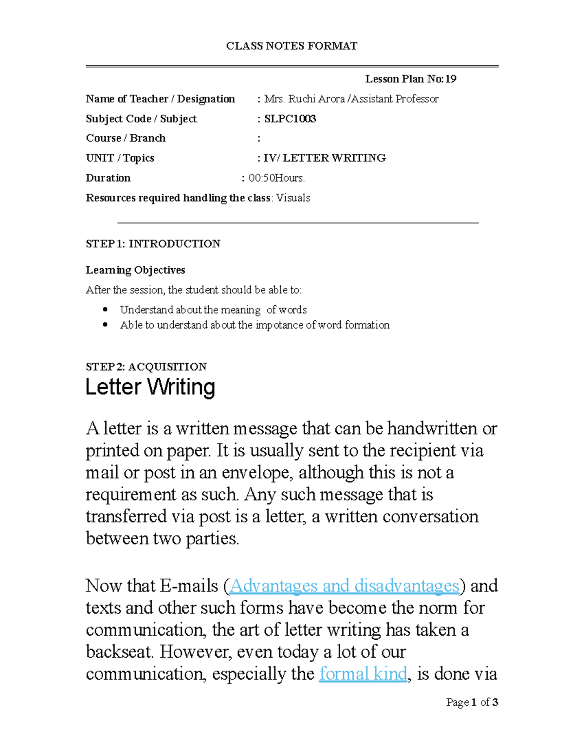 LP 13 Letter Writing - Lecture notes notes lesson 13 - CLASS NOTES ...