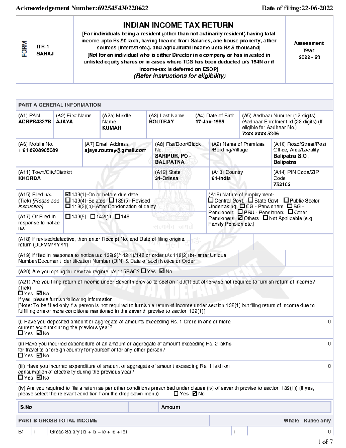 Form Pdf 692545430220622 - Itr- Sahaj Indian Income Tax Return [for 