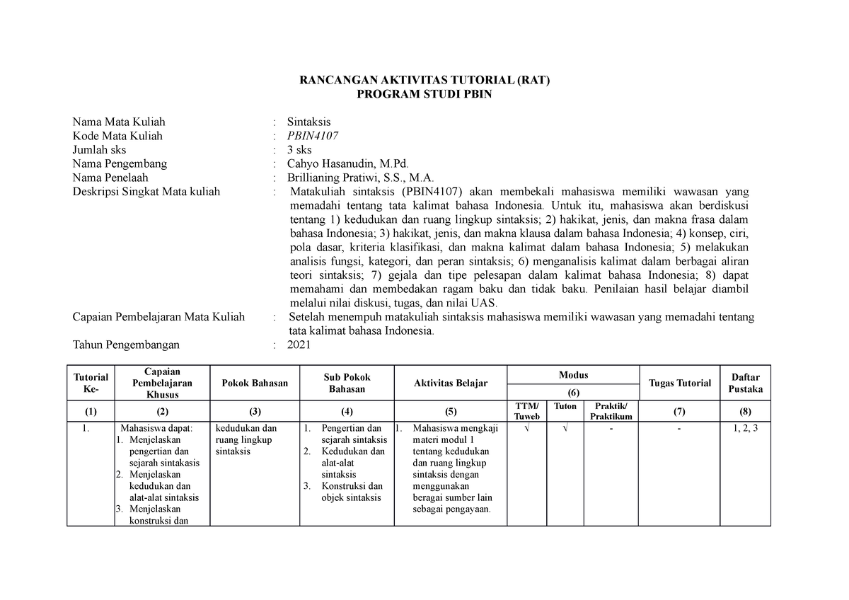 RAT Sintaksis - Semoga Sukses Dan Membantu - RANCANGAN AKTIVITAS ...