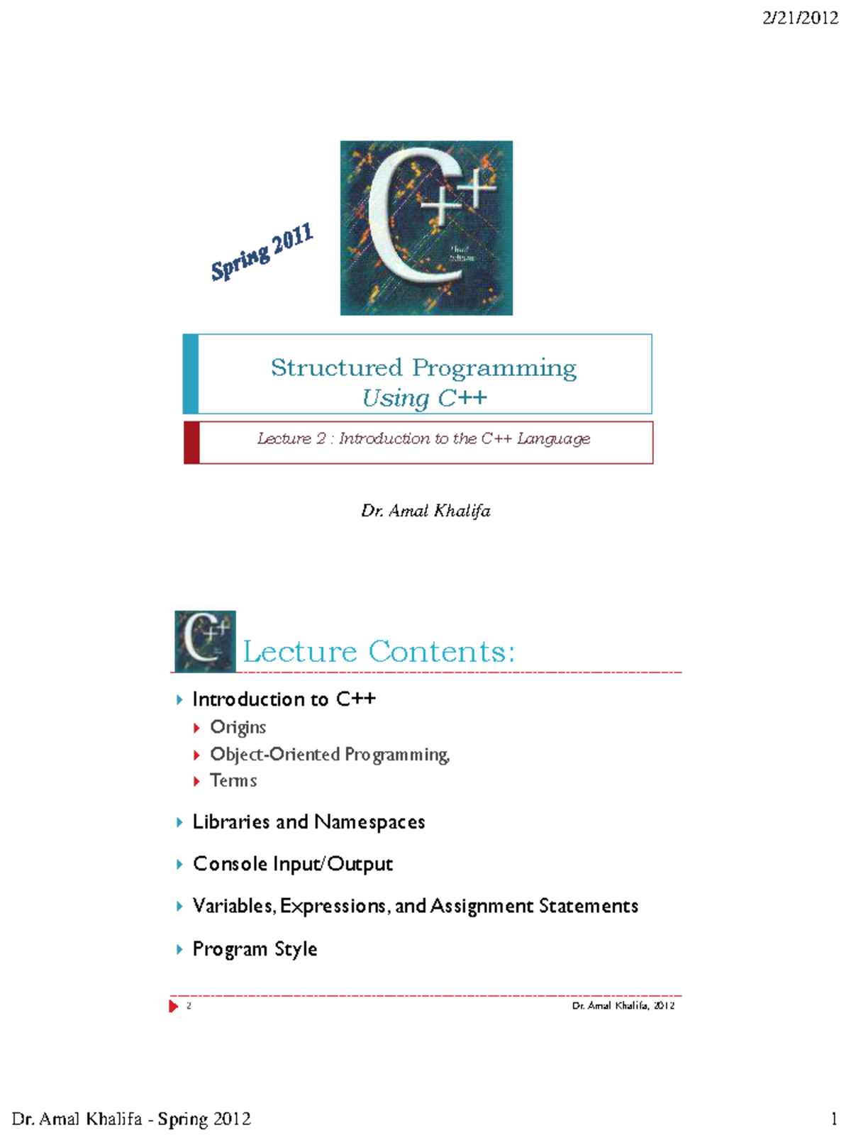 Lec2 - C++ basics - Lecture notes 2 - Lecture Contents: Lecture 2 ...