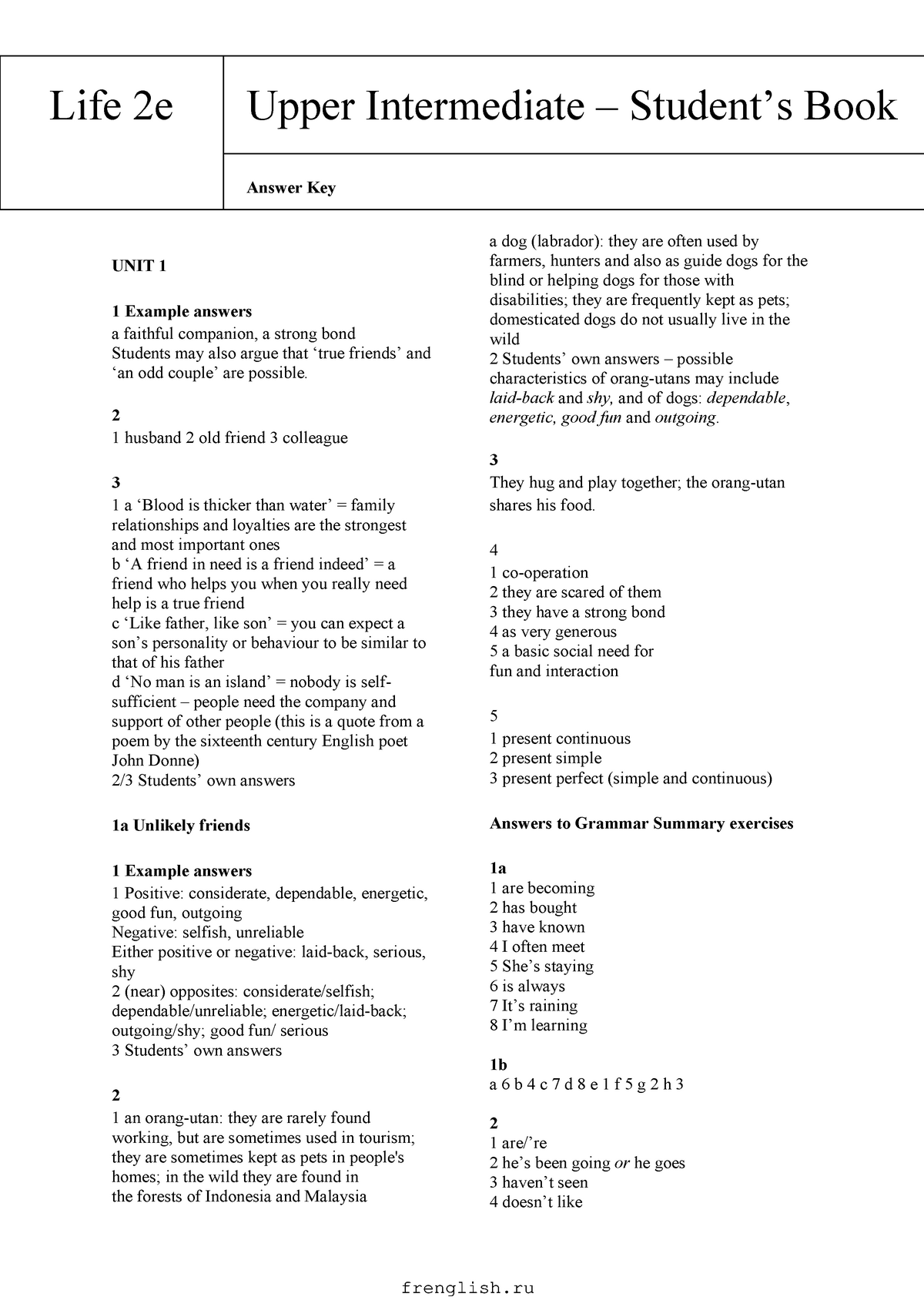 Book Answers Key Upper Intermediate Student s Book Answer Key UNIT 