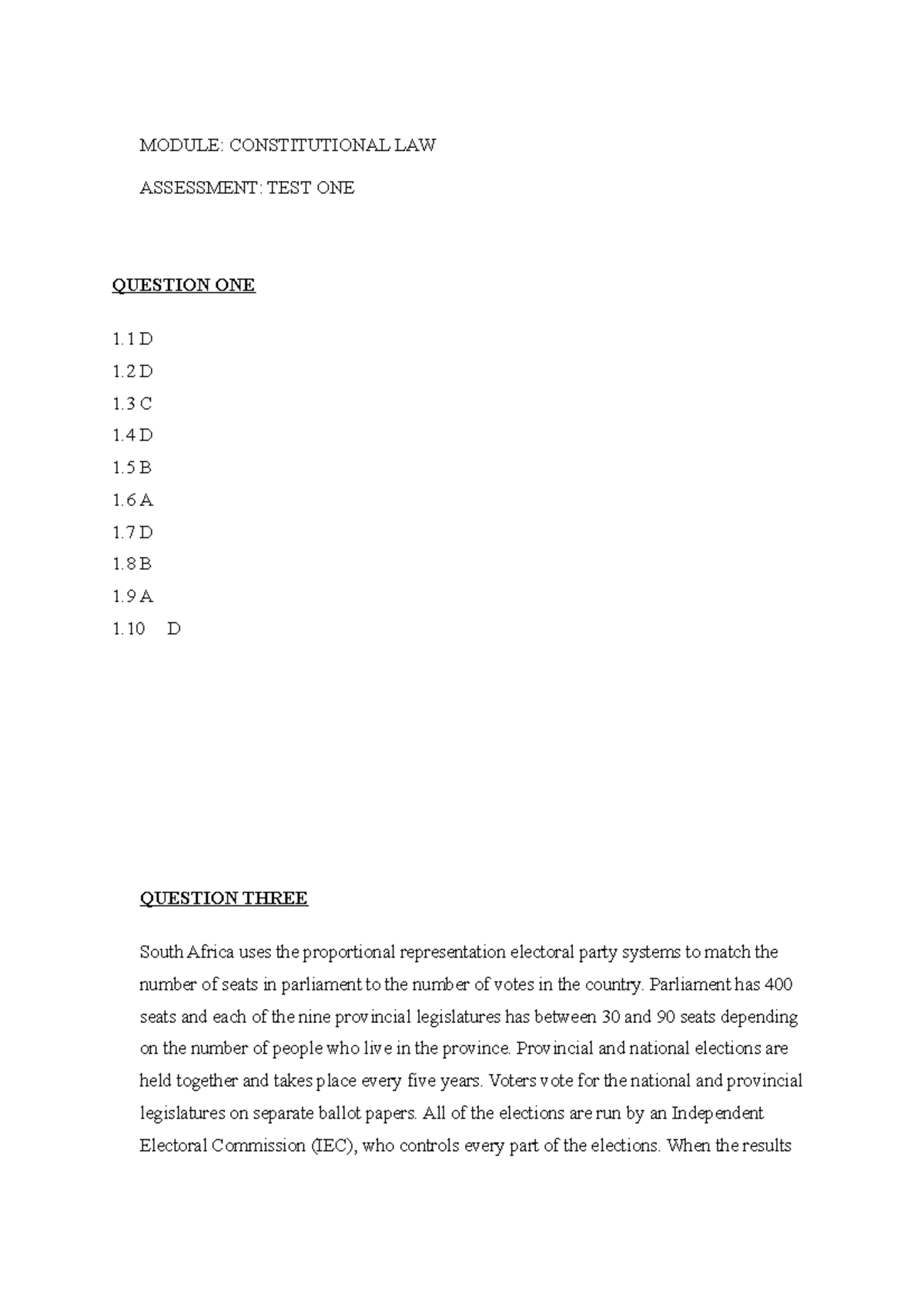 Constitutional law 1 MODULE CONSTITUTIONAL LAW ASSESSMENT TEST ONE