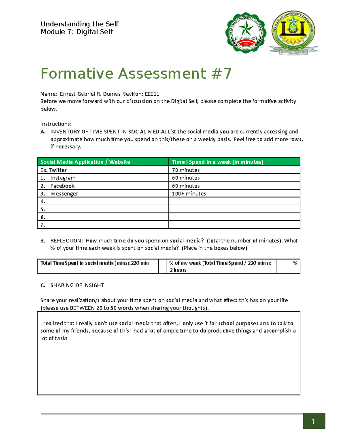 Formative Assessment 7 - Understanding the Self Module 7: Digital Self ...