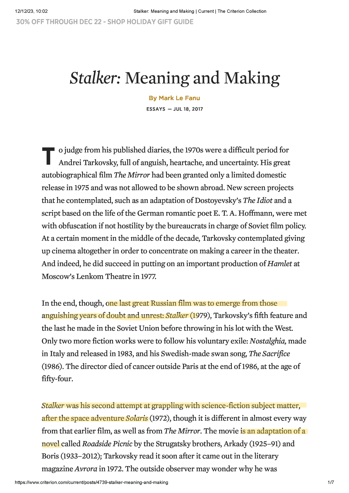 Stalker Meaning and Making The Criterion Collection Stalker Meaning