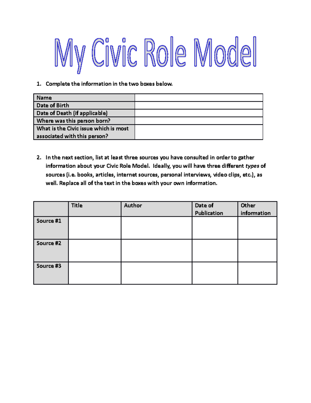 Civic Role Model Worksheet - Complete the information in the two boxes ...
