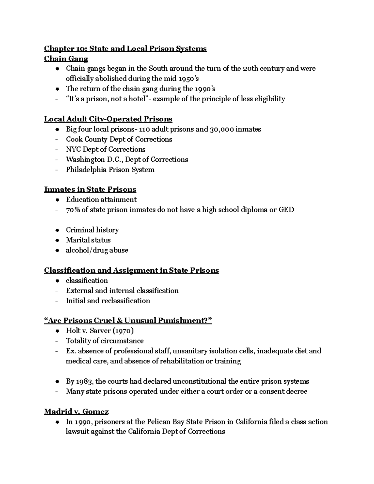 Corr Chp 10 Notes Dr. Kim Chapter 10 State and Local Prison