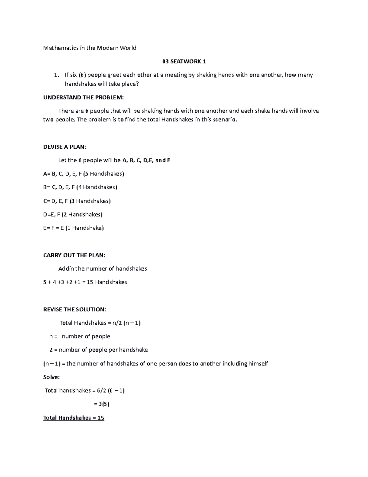 03 Seatwork 3 - BSBA - Mathematics in the Modern World 03 SEATWORK 1 If ...