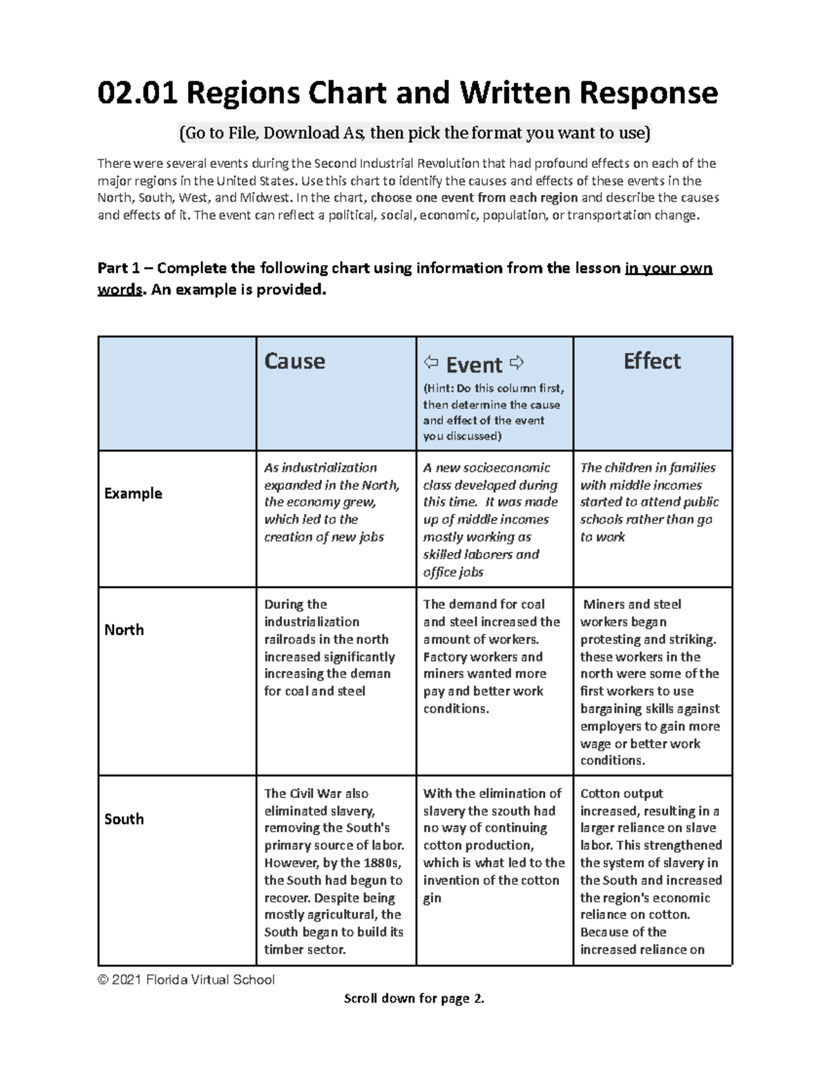 2.01 Regions Chart 02 Regions Chart and Written Response (Go to