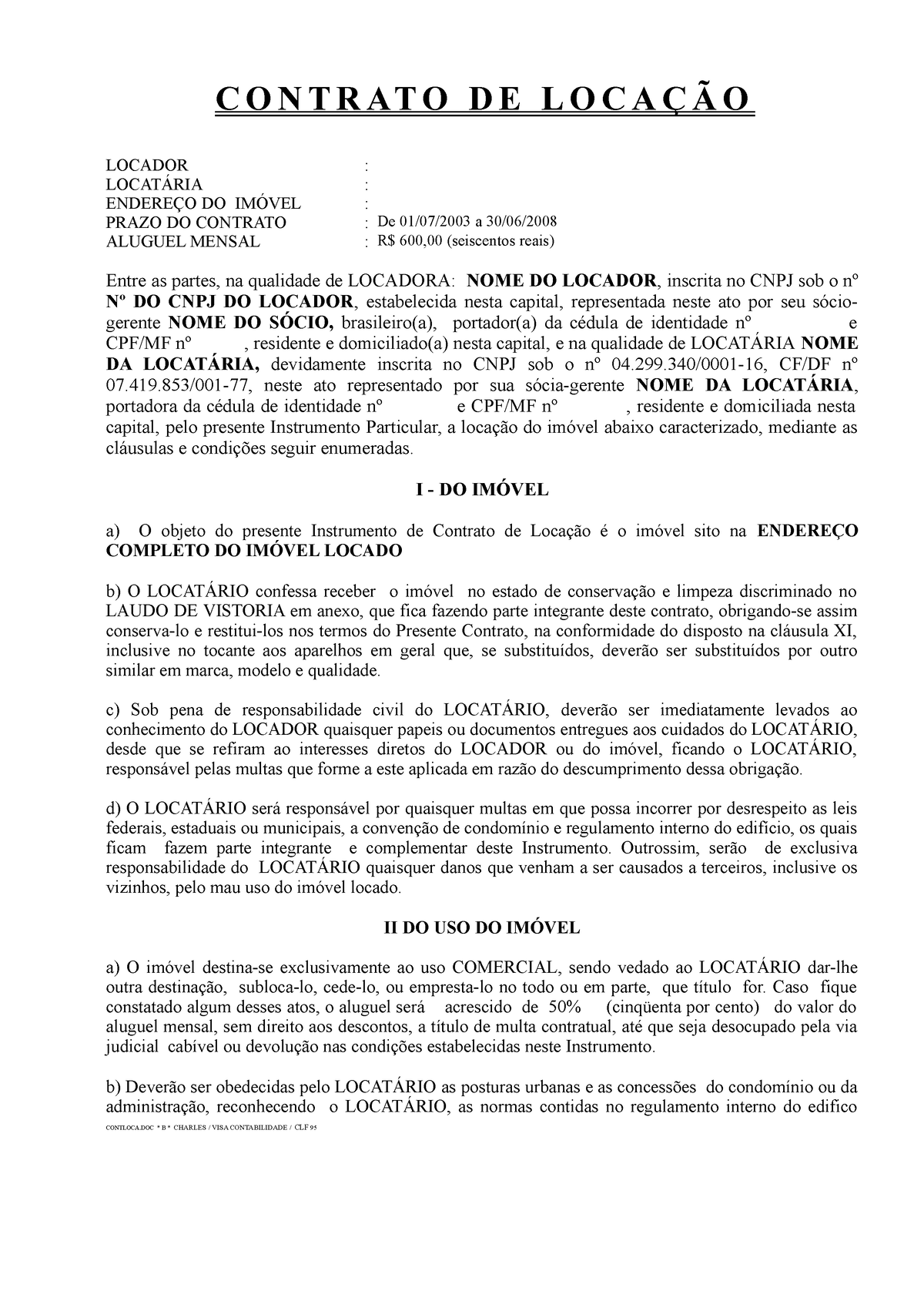 Contrato De Locacao Imovel Modelo Contrato De LocaÇÃo Locador LocatÁria EndereÇo Do ImÓvel 8963