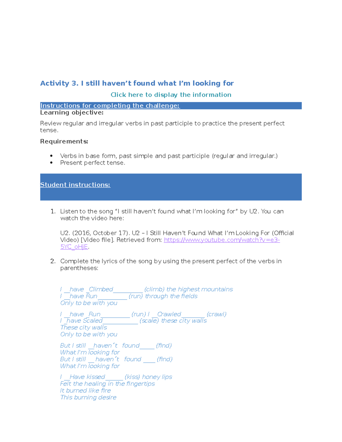 Actividadad 3 de la materia de ingles - Activity 3. I still haven’t ...