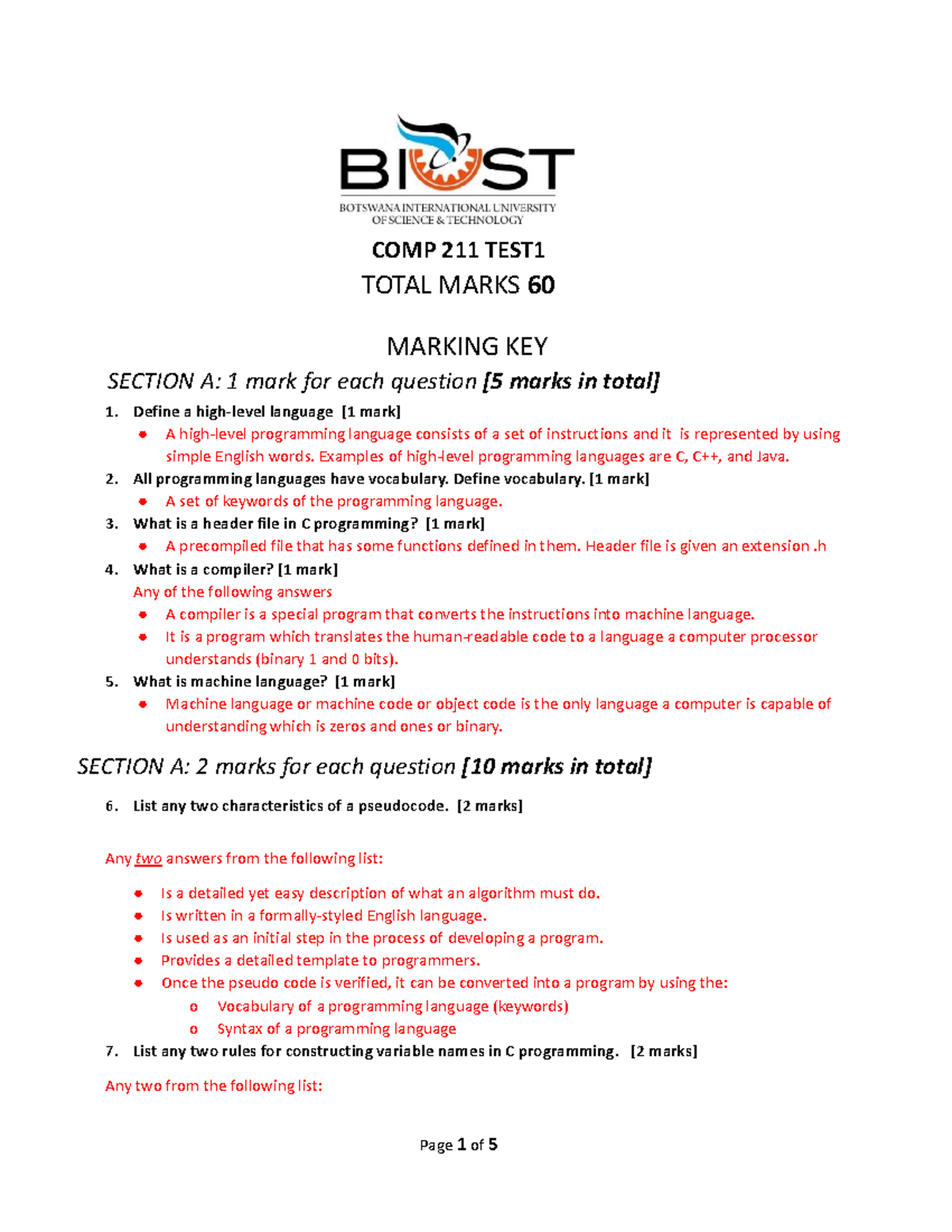 COMP211 TEST1 - Reserved - COMP 211 TEST TOTAL MARKS 60 MARKING KEY ...