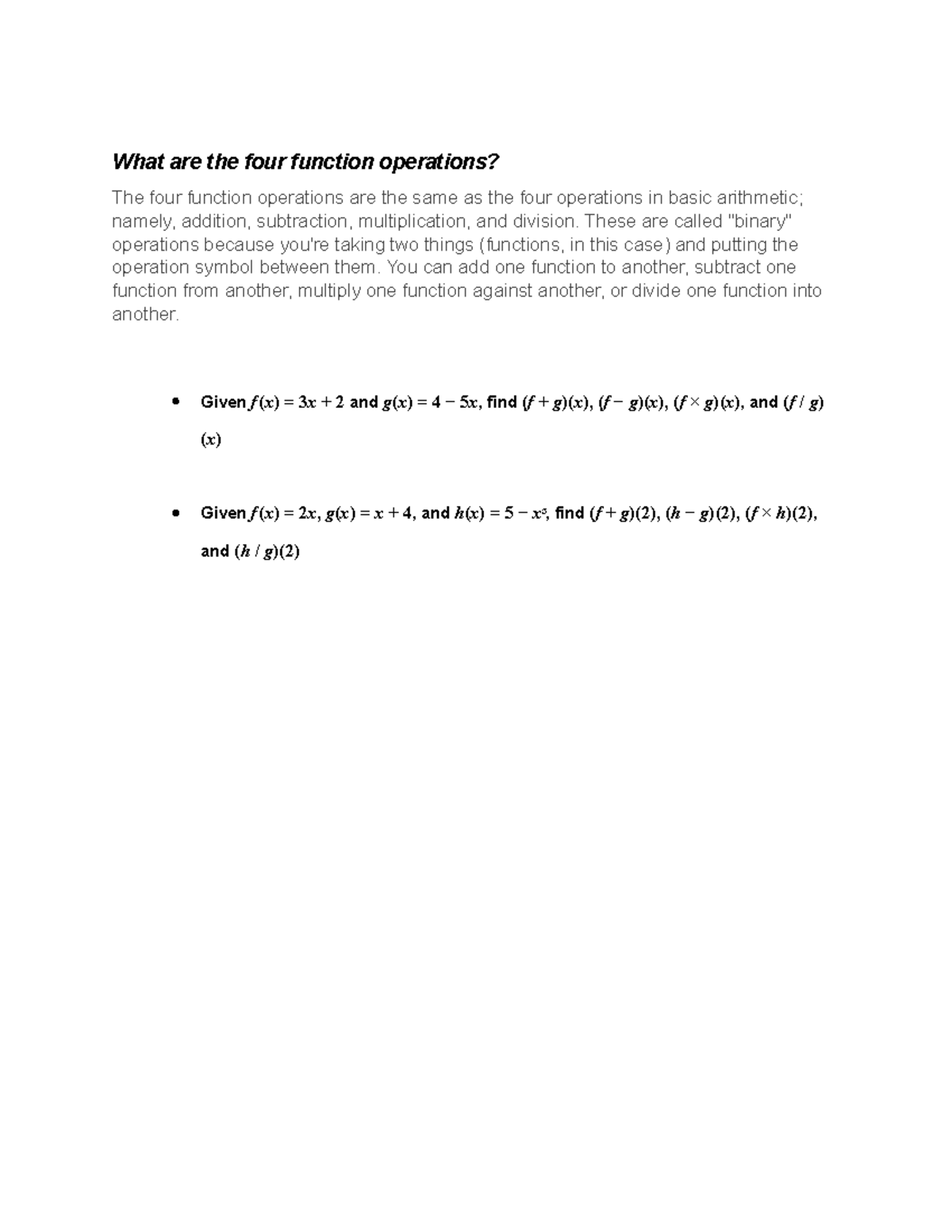 What are the four function operations - These are called "binary ...