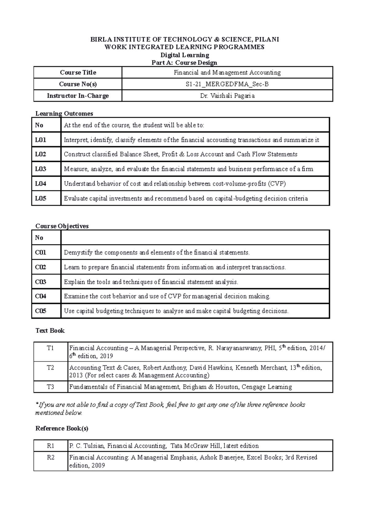 FMA Course Handout - Document of Couse Handount - BIRLA INSTITUTE OF ...