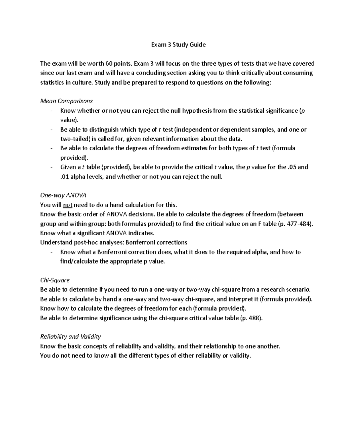 Exam 3 Study Guide - Exam 3 Study Guide The exam will be worth 60 ...