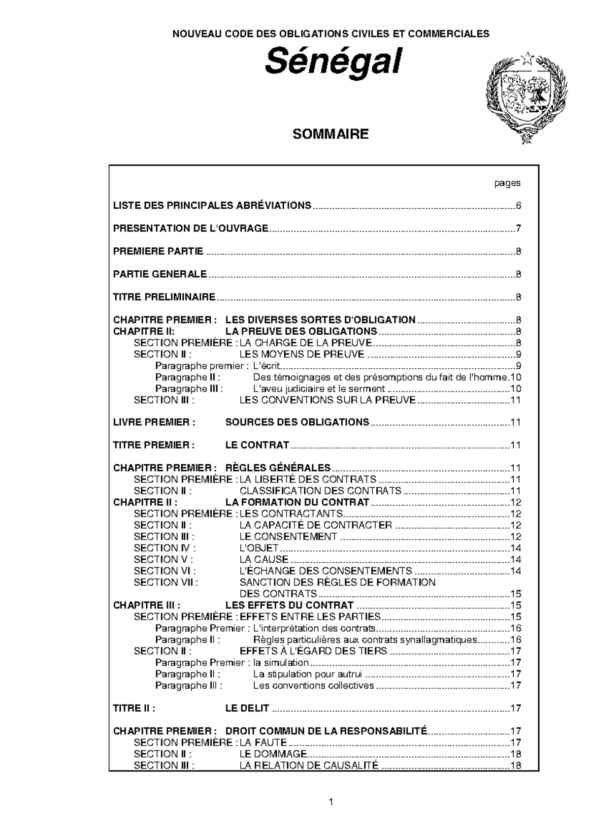 Code des obligations Sénégal SOMMAIRE Sénégal Sénégal Sénégal Sénégal