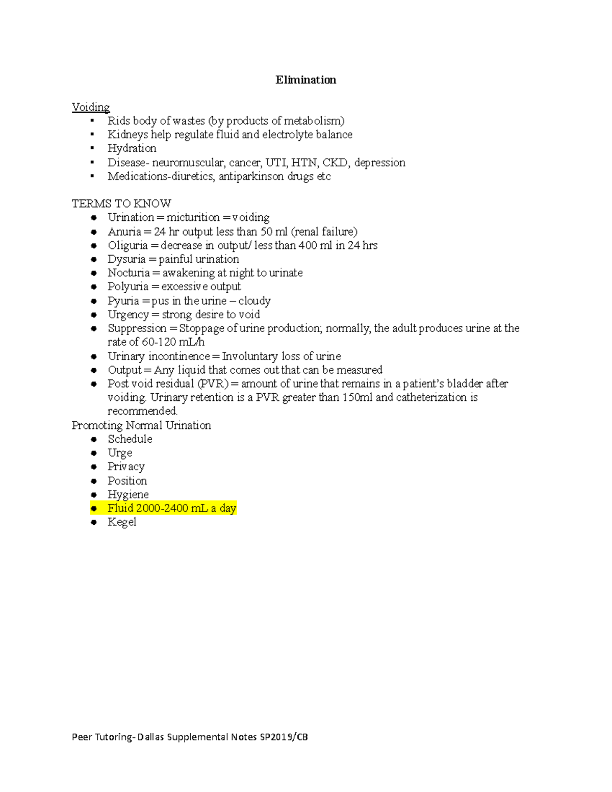 Nursing Elimination Elimination Voiding Rids body of wastes (by