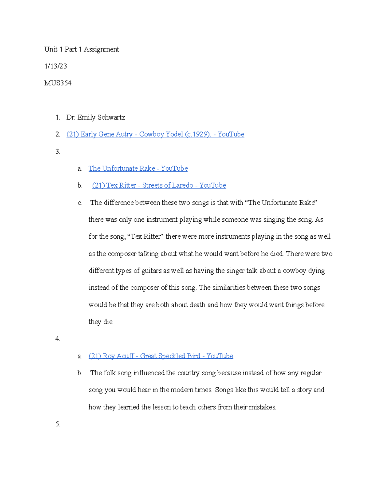 Unit Part 1 Assignmnet 1 - Unit 1 Part 1 Assignment 1/13/ MUS Dr. Emily ...