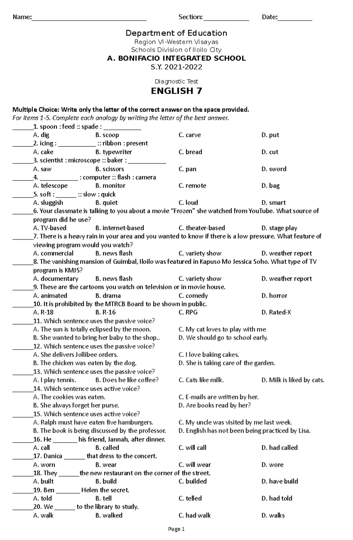 Regional Diagnostic Test In Science 8 Answer Key