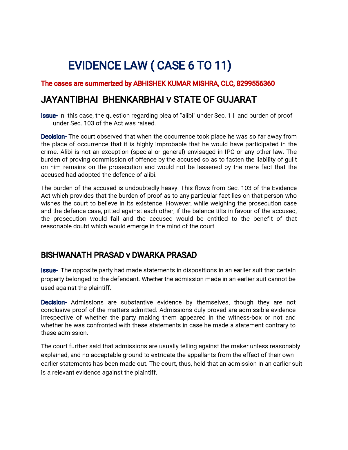 Evidence Case 6-11 - CASE Summary For LL.B Second Semester Based On DU ...