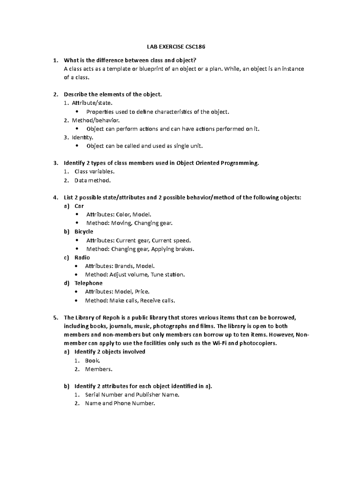 LAB Exercise CSC186 for carry marks exercise - LAB EXERCISE CSC What is ...