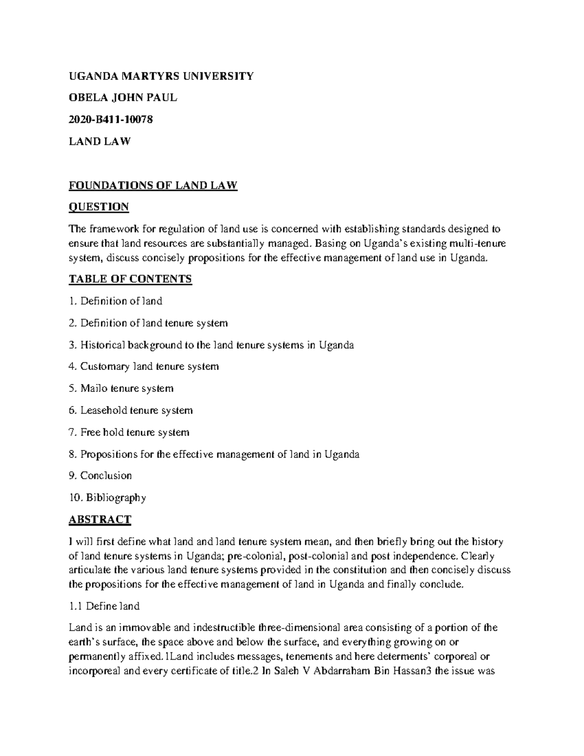 Obela'S Research Foundations OF LAND LAW UGANDA MARTYRS UNIVERSITY