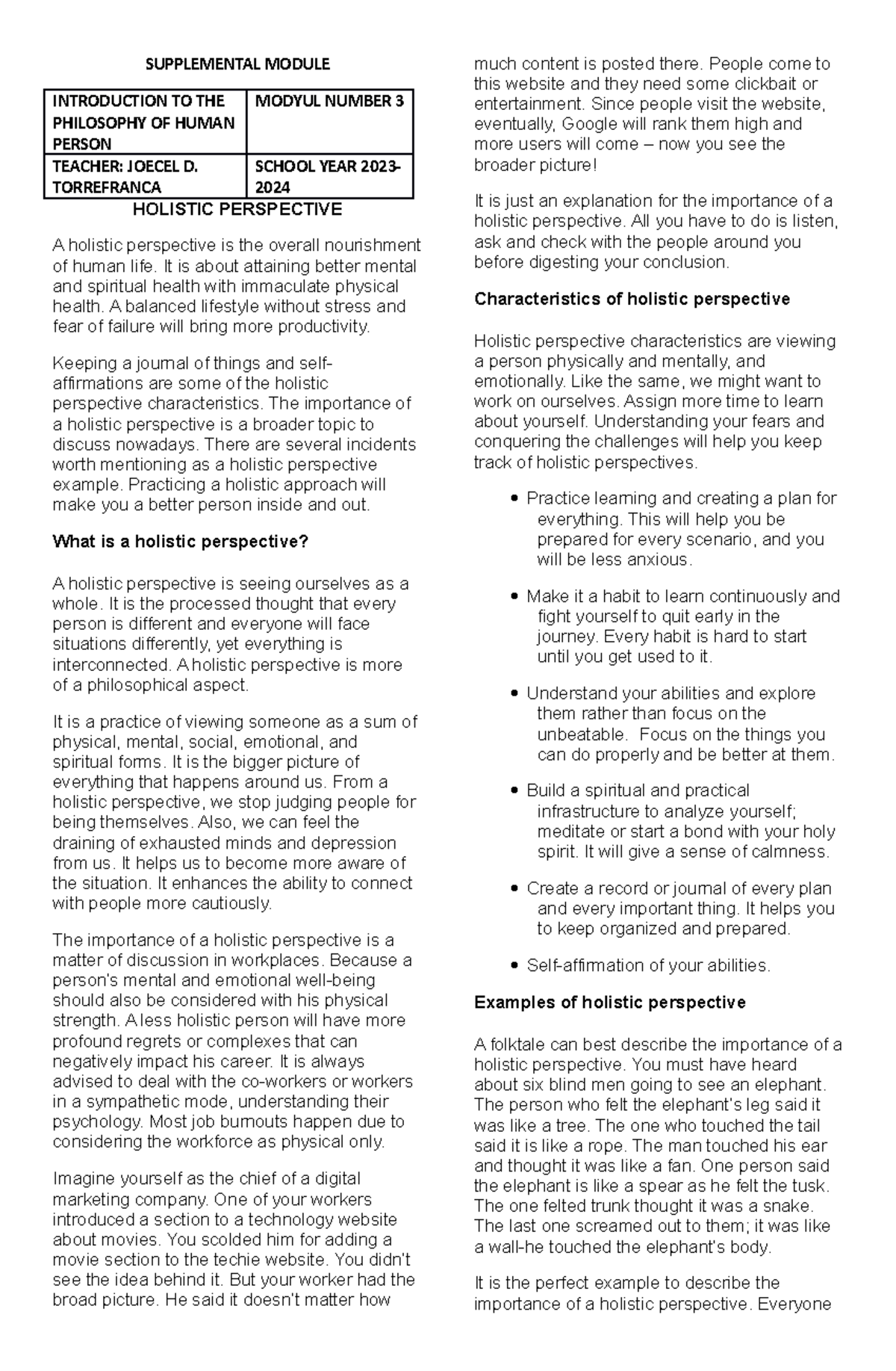 Holistic Perspective - Supplemental Modules - SUPPLEMENTAL MODULE ...