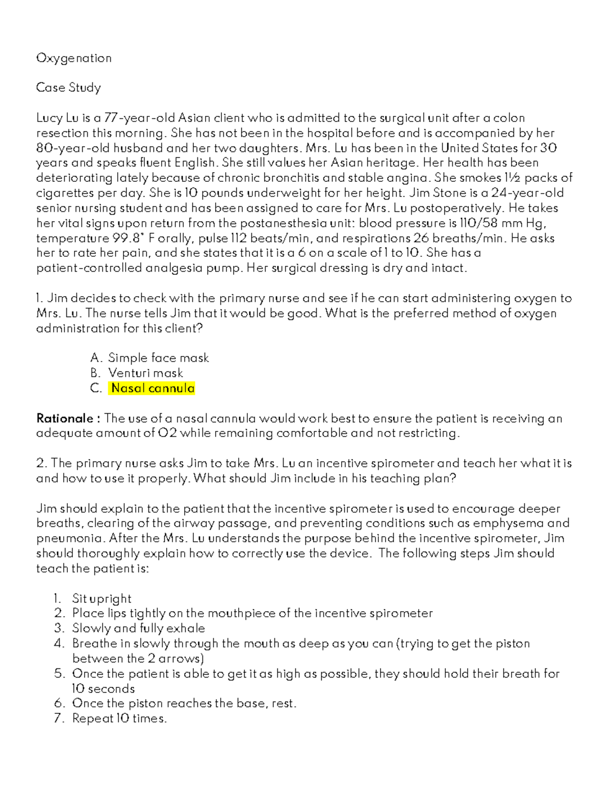 Oxygenation Case Study Oxygenation Case Study Lucy Lu is a 77yearold Asian client who is