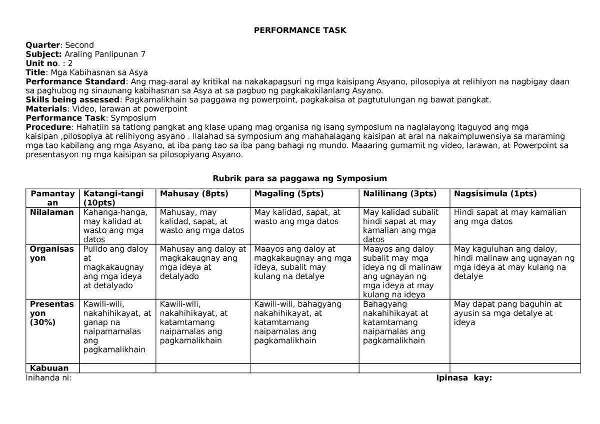 2nd Quarter Performance-Task-7-10 - PERFORMANCE TASK Quarter: Second ...