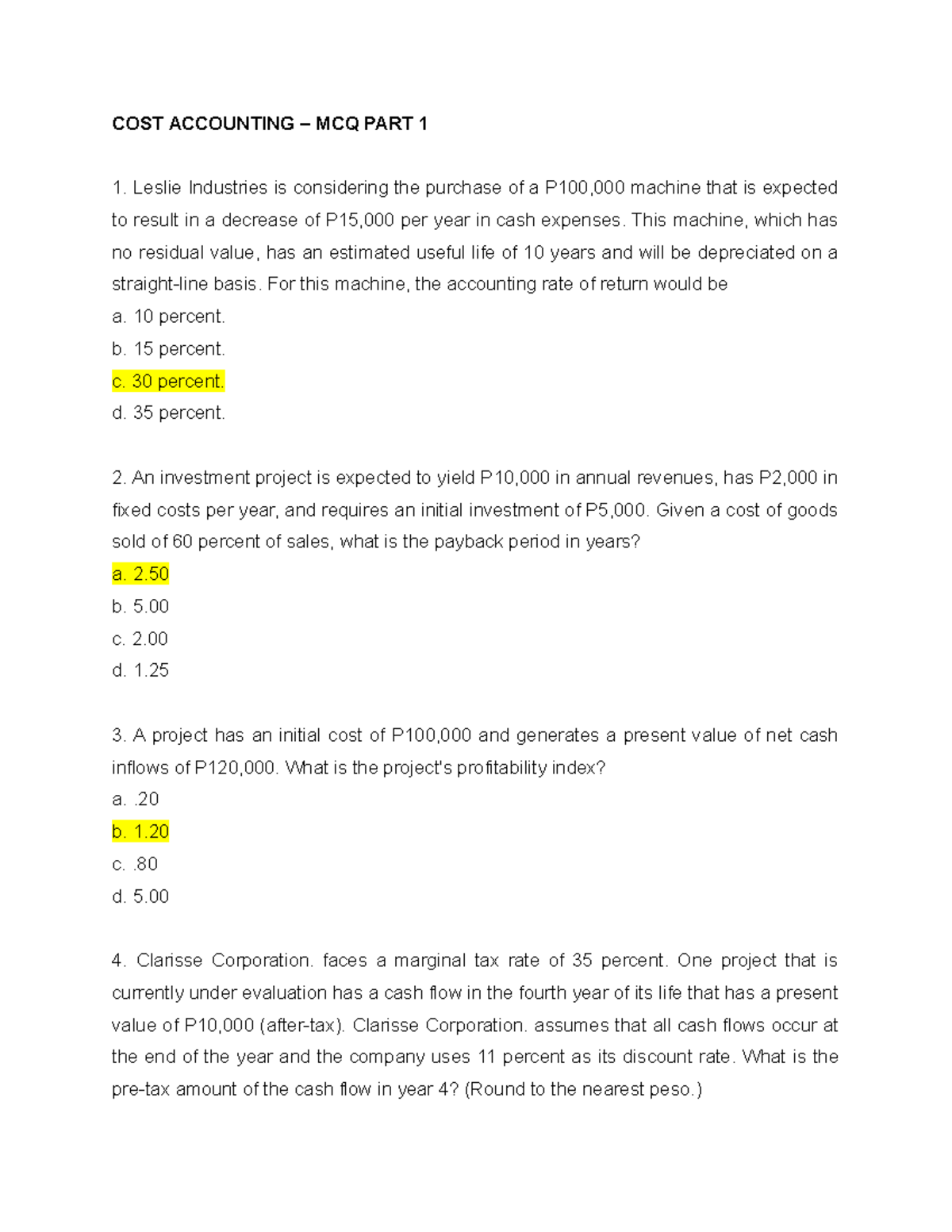 COST Accounting – MCQ PART 1 - COST ACCOUNTING – MCQ PART 1 Leslie ...