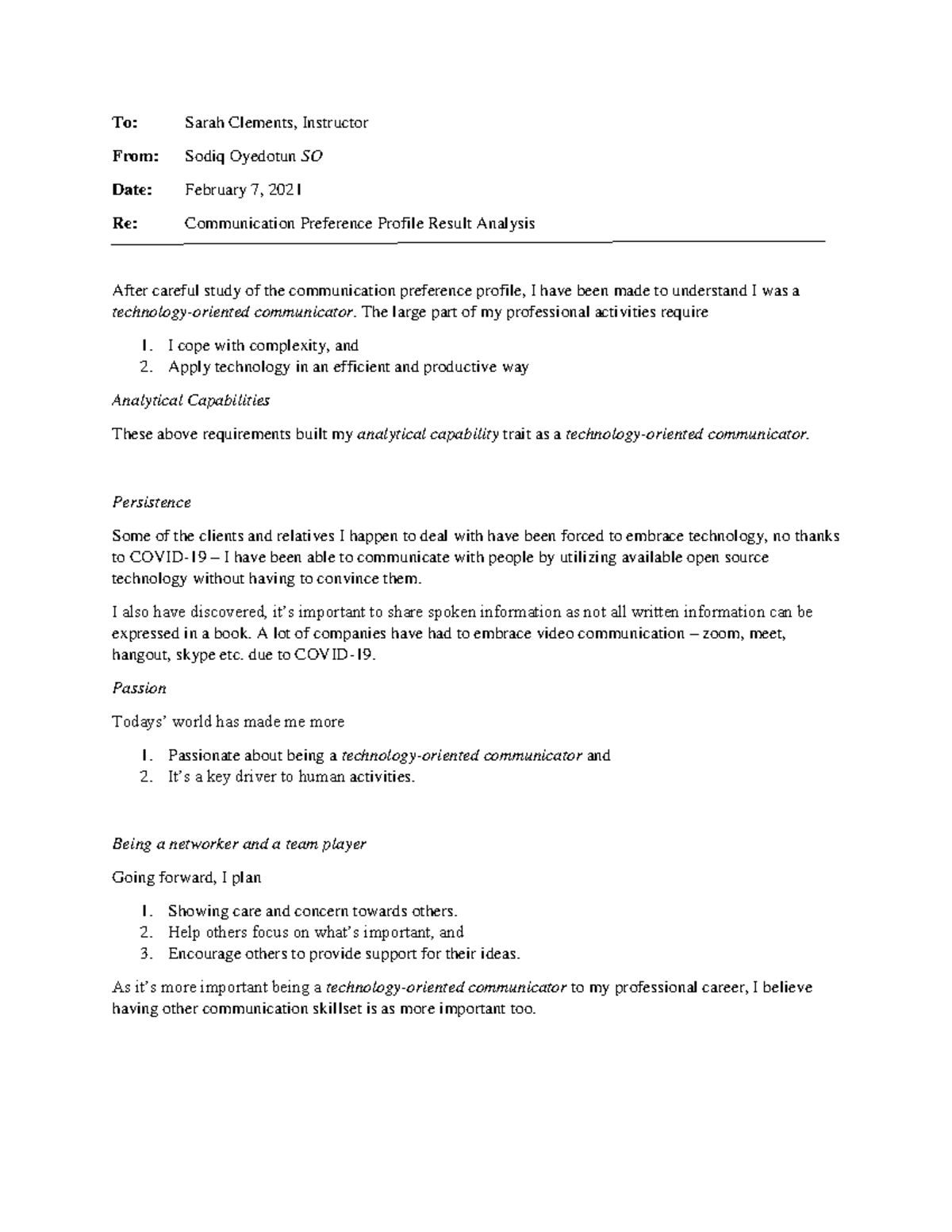 Sodiq Oyedotun T00674628 CPP Report 1 - To: Sarah Clements, Instructor ...