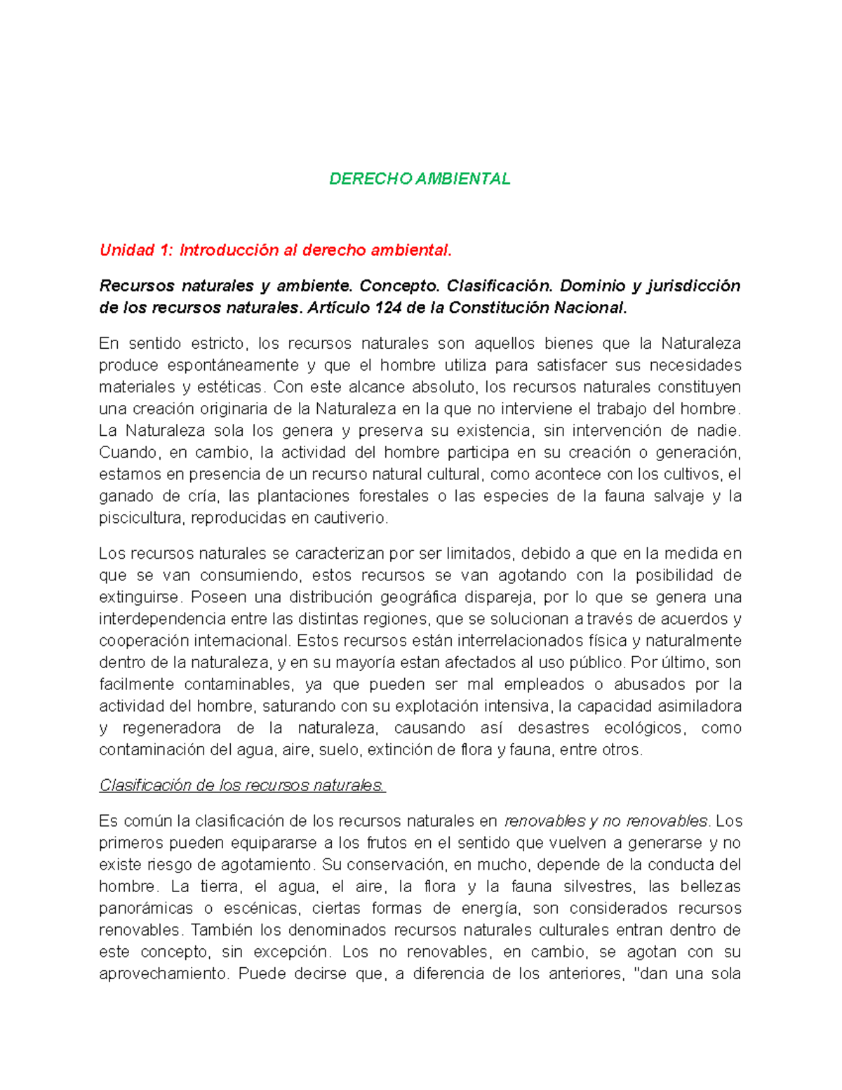 Resumen Derecho Ambiental.pdf · Versión 1 - DERECHO AMBIENTAL Unidad 1 ...