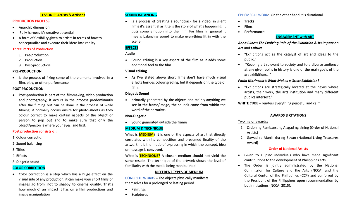 ART APPRECIATION - LESSON 5: Artists & Artisans PRODUCTION PROCESS ...