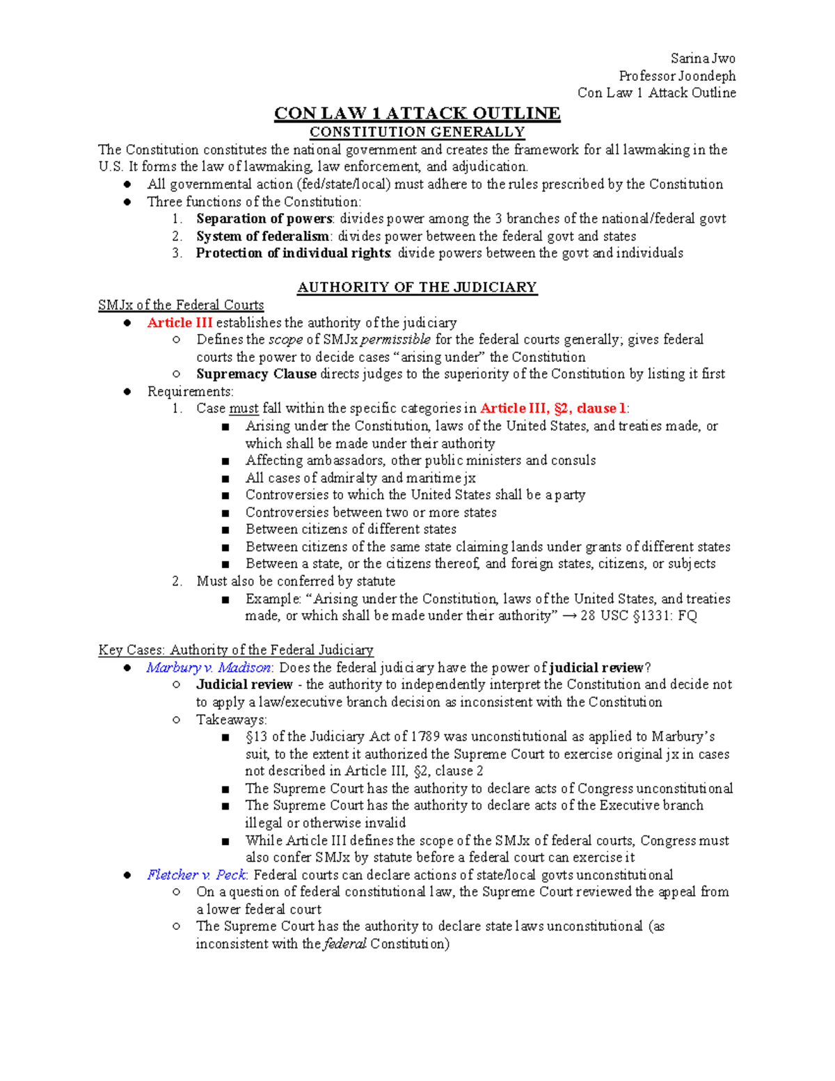 Con Law 1 Attack Outline Joondeph Professor Joondeph Con Law 1
