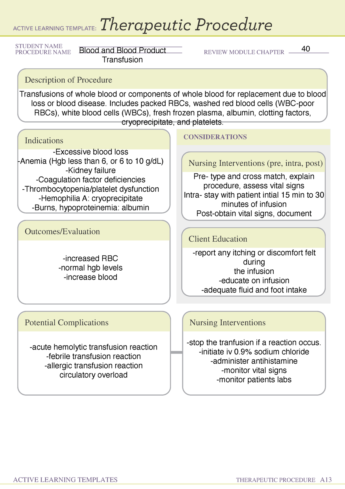 Blood Transfusion ATI Template 1001 STUDENT NAMEPROCEDURE NAME 