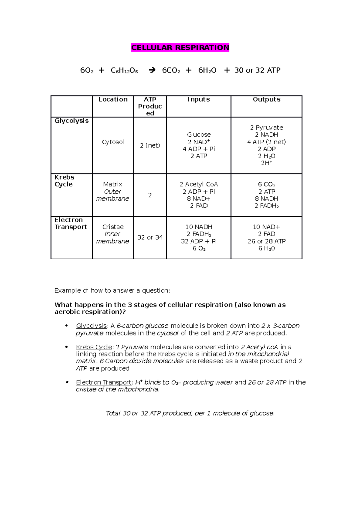 Y12Cellular Respiration Summary 22 - CELLULAR RESPIRATION 6O 2 + C 6 H ...