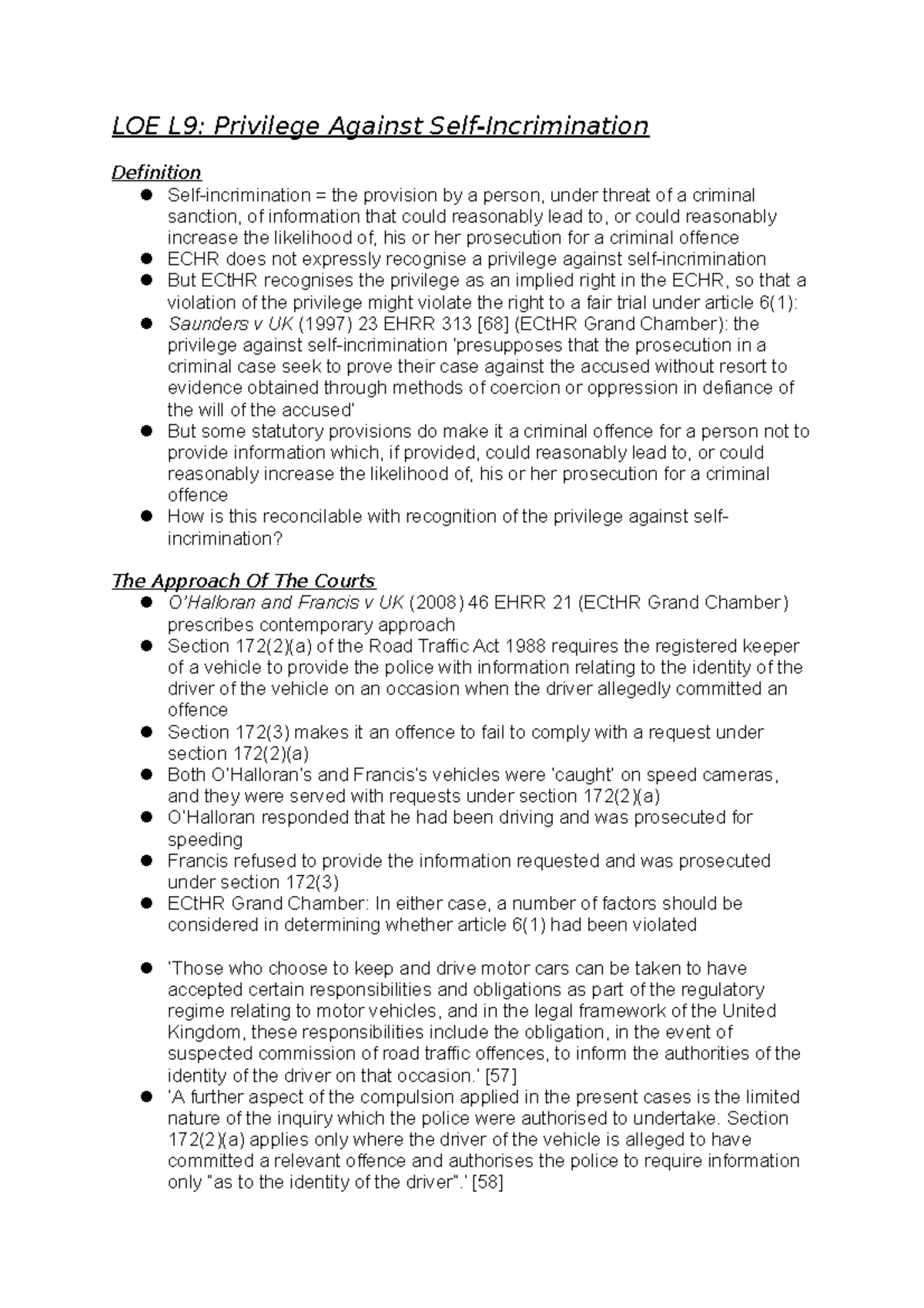 Evidence Law Lecture 9 Notes privilage against self incriminalisation ...