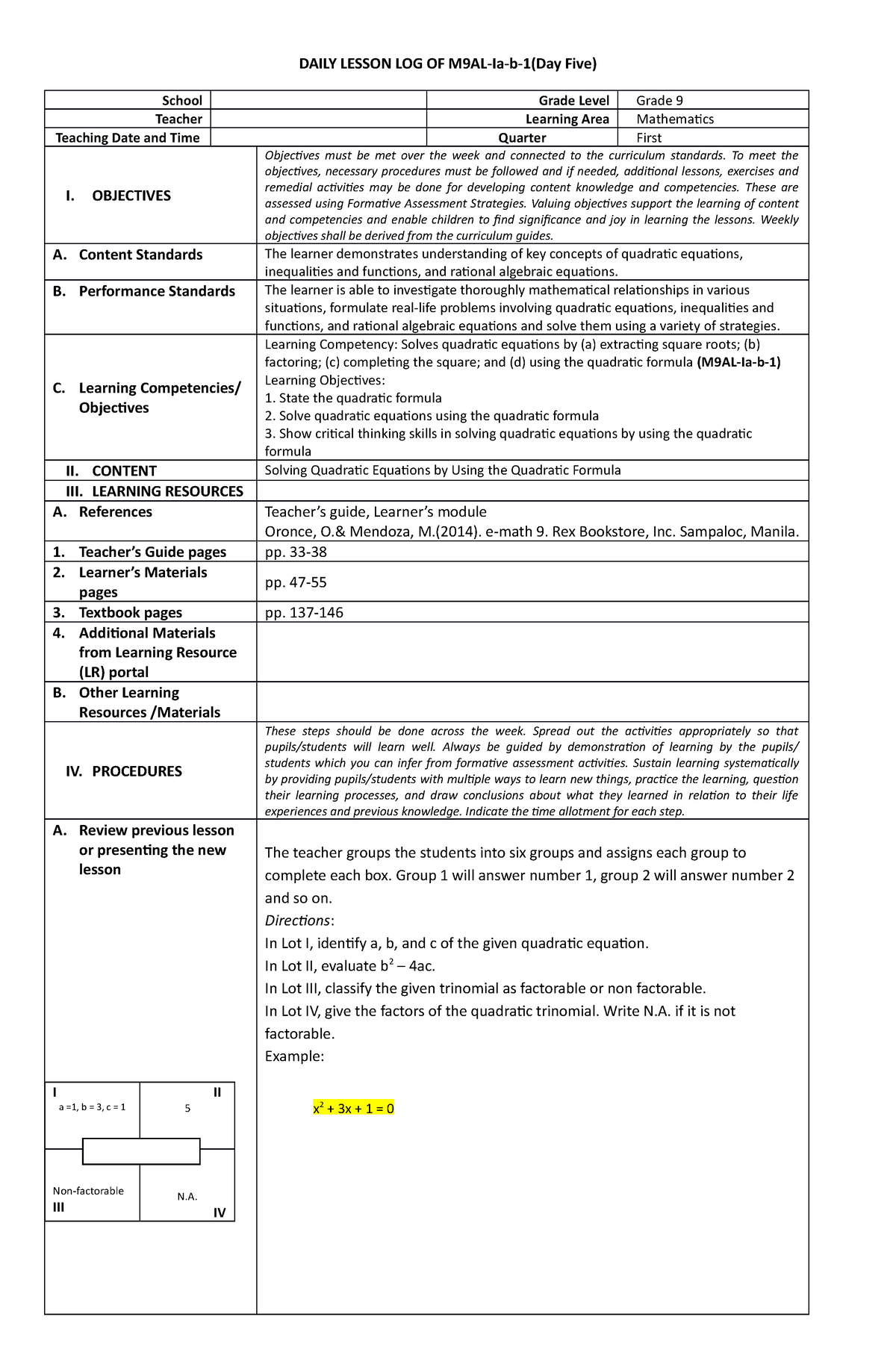 I-Day 5 g9 - Lesson Plan - DAILY LESSON LOG OF M9AL-Ia-b-1(Day Five ...