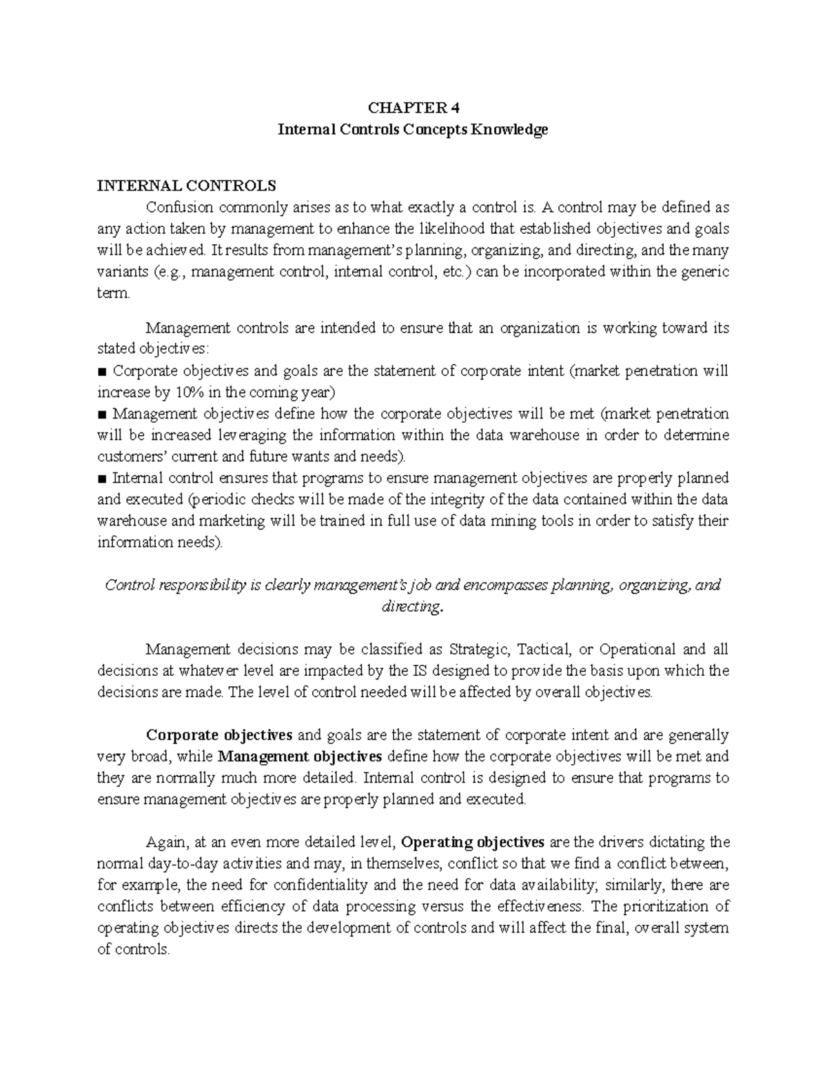 Chapter 4 Internal Controls Concepts Knowledge Chapter 4 Internal