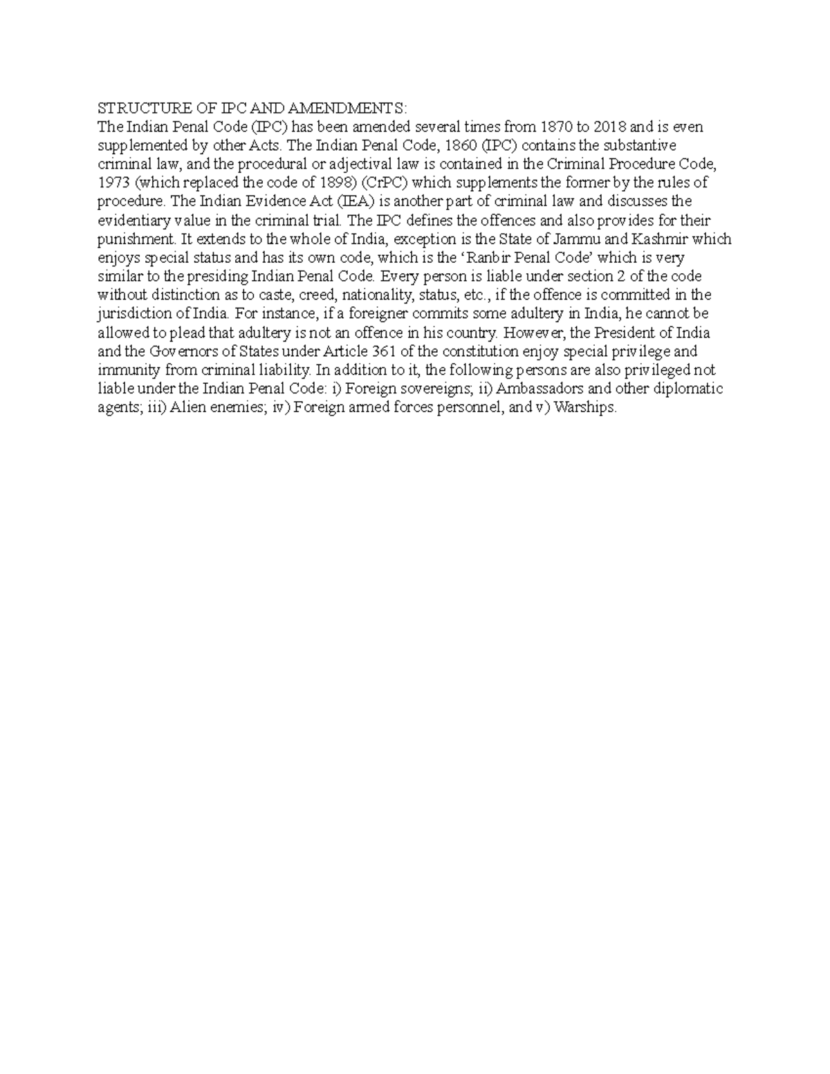 Amend IPC - Law of crime summery - STRUCTURE OF IPC AND AMENDMENTS: The ...