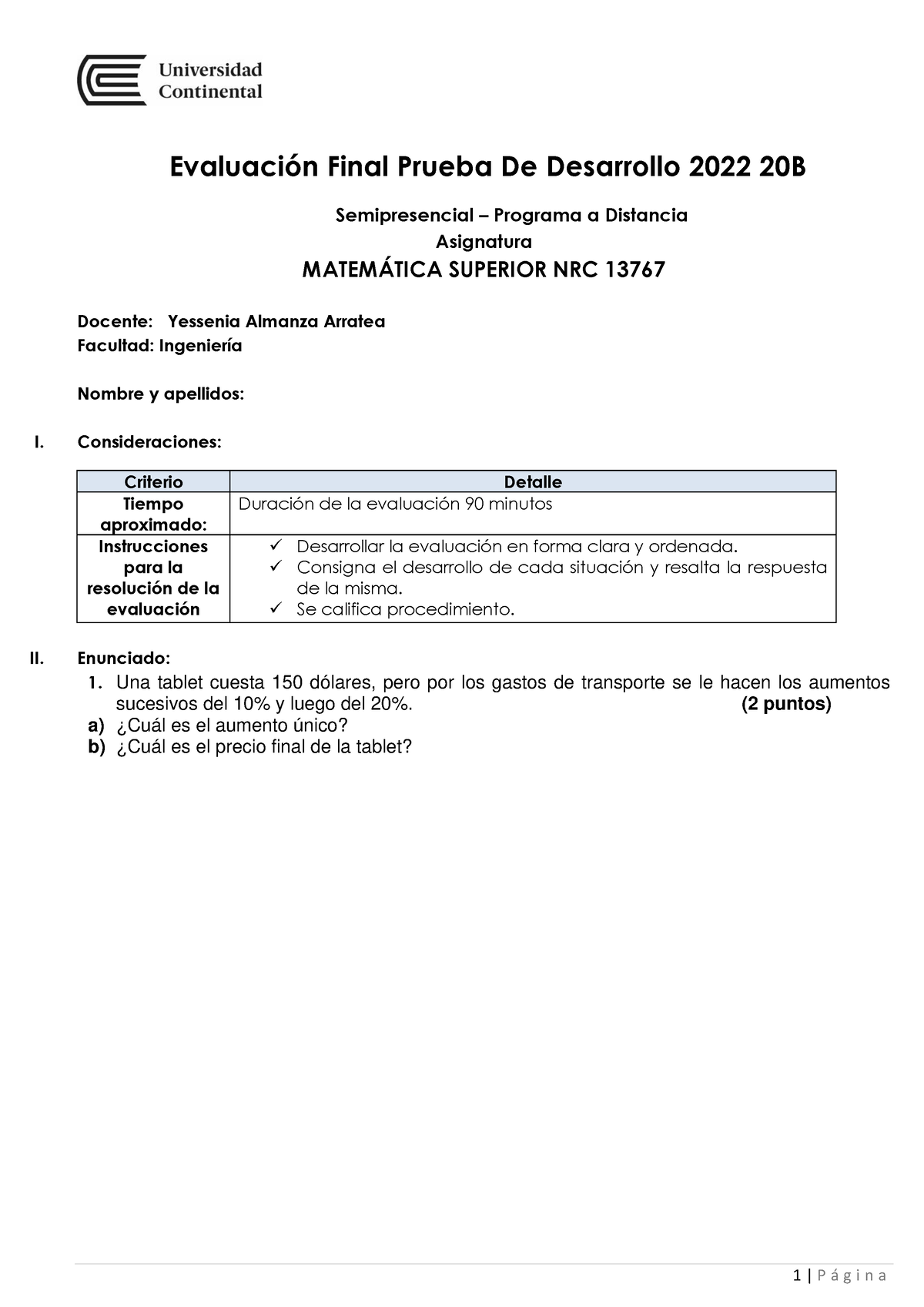 Evaluación Final(B) MAT-SUP-YAA - Ciclo B - Evaluación Final Prueba De ...