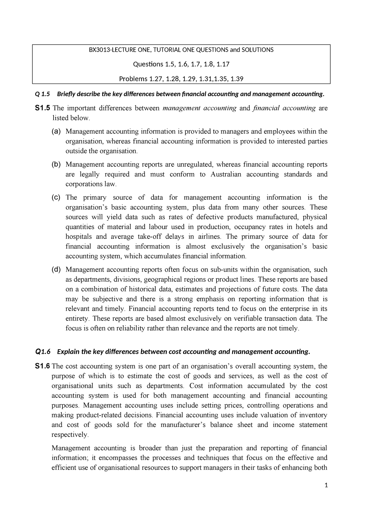 WK 1 - Questions & Solutions - BX3013-LECTURE ONE, TUTORIAL ONE ...