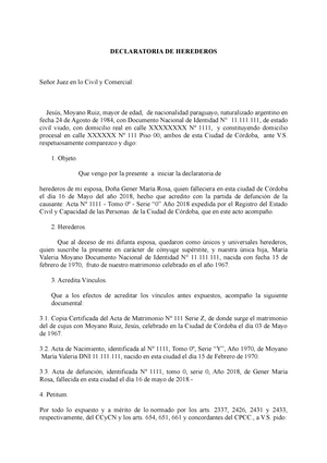 Modelo Declaratoria DE Herederos para practicas - DECLARATORIA DE HEREDEROS  Señor Juez en lo Civil y - Studocu